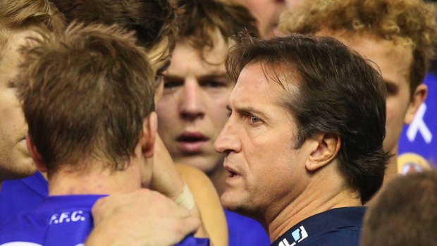 Positive response: Bulldogs head coach Luke Beveridge issues a rallying call with his side trailing at half-time.