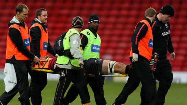 Stretchered off:  Alistair Hargreaves of Saracens leaves the pitch concussed a second time in a match between Saracens and London Wasps in 2012.