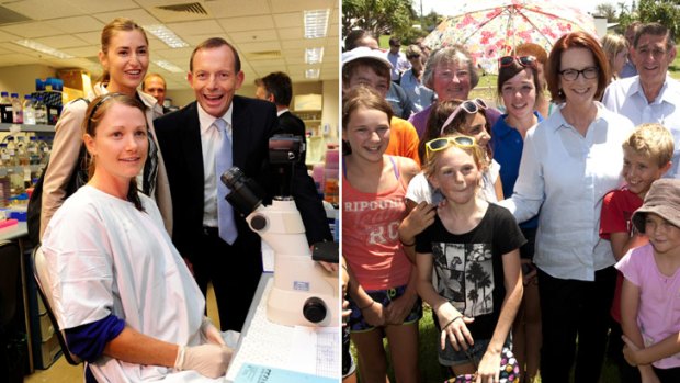 Meet and greet &#8230; Tony Abbott visits Melbourne cancer research scientists this week and Julia Gillard with flood evacuees at Bundaberg.