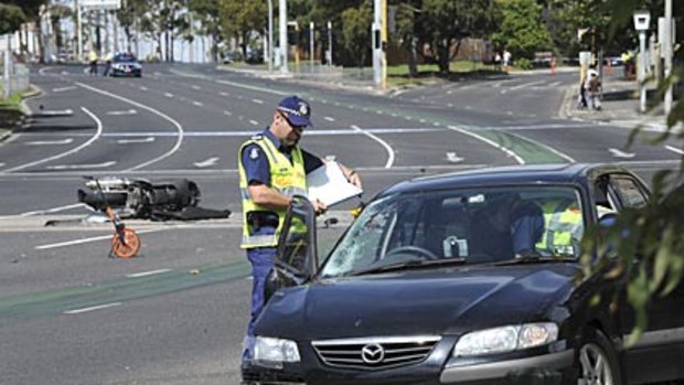 The scene of today's fatal accident on St Kilda Road.
