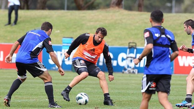 Drills today, thrills tomorrow ... Sydney FC star Alessandro Del Piero prepares yesterday for the cross-city clash against the Western Sydney Wanderers.