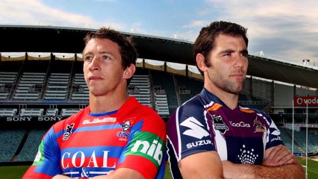 Battle-hardened  ... Kurt Gidley and Cameron Smith pose at the SFS during the build-up to this afternoon’s qualifying final between Newcastle and Melbourne at AAMI Park.