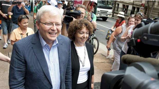 On the road again ... Kevin Rudd and wife Therese Rein on the campaign trail, this time for the PM job.