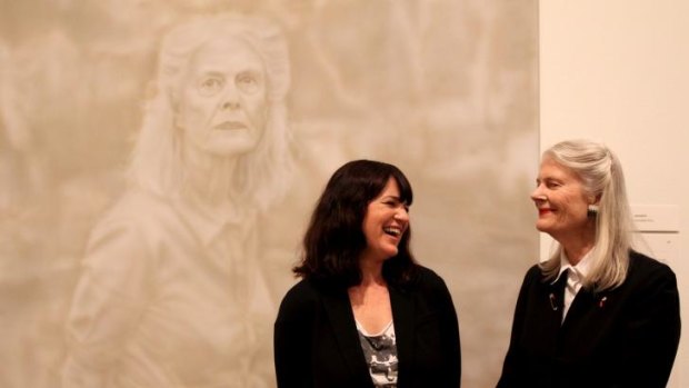 Winner of the 2014 Archibald Prize, Fiona Lowry with her subject, Penelope Seidler, at the NSW Art Gallery in Sydney.