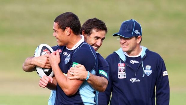Timana Tahu and Andrew Johns joke during a New South Wales Origin training session at WIN Stadium on May 20, 2010.