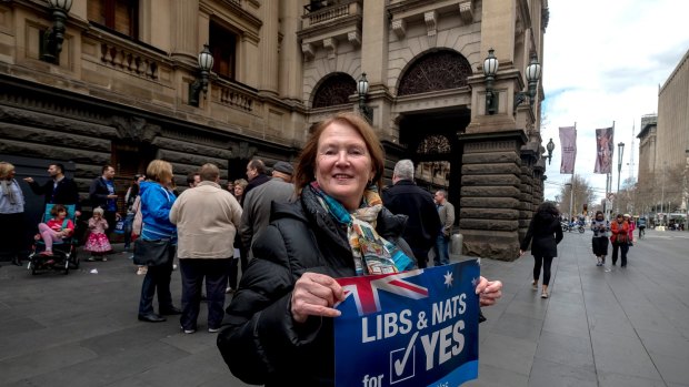 Marg Hawker attends the Victorian Launch of the 'Liberals and Nationals for YES' Campaign.