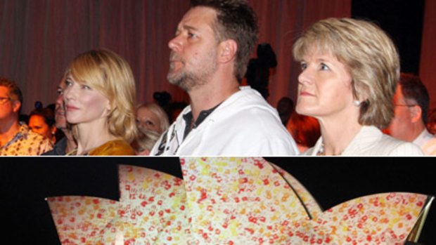 Russell Crowe, Cate Blanchett and Julie Bishop at the Overseas Passenger Terminal; and the illuminated Opera House.