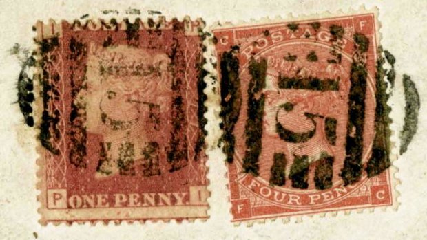 A British 1864 Penny Red from plate 77 is on the left. An Australian collector paid £550,000  for it in 2012. The fourpenny stamp on the right is worth about £150.