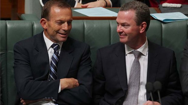 Aiding and abetting in Peter Slipper's downfall ... Opposition leader Tony Abbott and Shadow Minister for Education, Christopher Pyne.