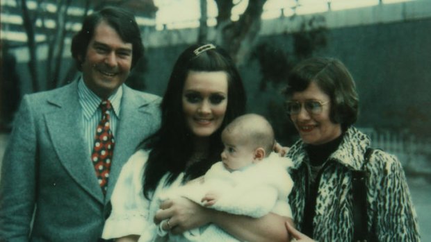 Moment of truth ... Christine Elliot with Adam in his christening gown in 1974 and, on that day, with his godparents, Peter Fairweather and Shirley Pope.
