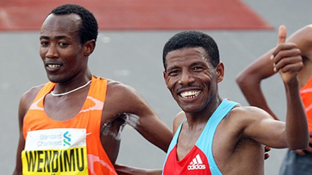 Haile Gebrselassie gives a thumbs-up after winning the Dubai Marathon in January.