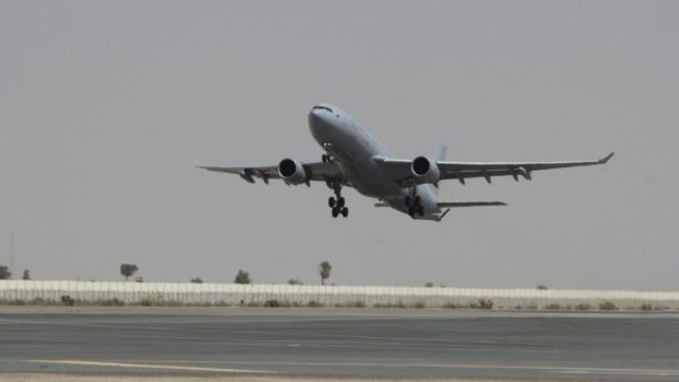A Royal Australian Air Force KC-30A tanker transport takes off in the Middle East Region. RAAF aircraft conducted their first mission over Iraq on October 01, 2014.