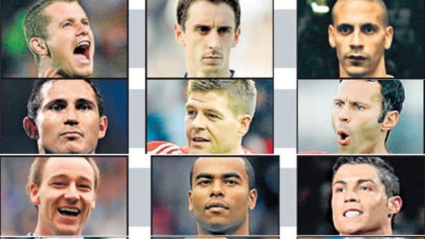 Top left and down: Shay Given, Frank Lampart, John Terry, Wayne Rooney. Middle row: Gary Neville, Syeven Gerrard, Ashley Cole, Thierry Henry. Top right: Rio Ferdinand, Ryan Giggs, Cristiano Ronaldo, Sir Alex Ferguson.