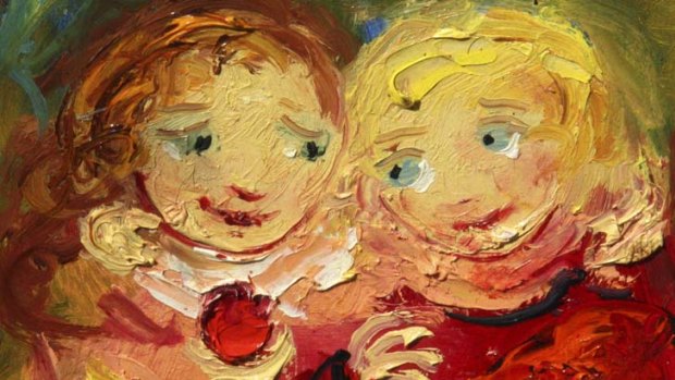Two children in red with apple (1999).