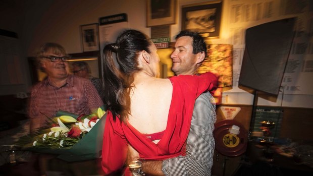 Ardern and partner Clarke Gayford celebrate her landslide by-election win for the Auckland seat of Mount Albert in February.