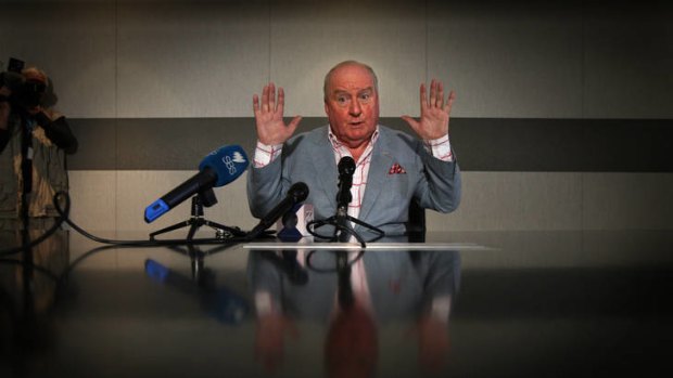 Photograph shows 2GB radio veteran Alan Jones making a public appology for his odious remarks at a young Liberal party function that Julia Gillard's father had died of shame. Taken at the 2GB radio station in Pyrmont.