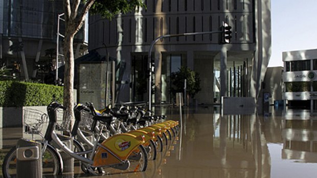 A flooded CityCycle station in Brisbane's CBD last week.