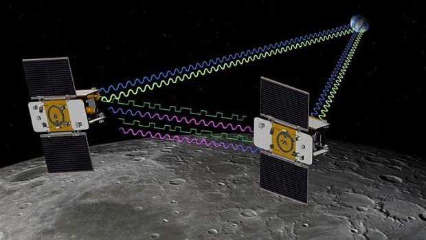 An artist's impression of the twin spacecraft Ebb and Flow orbiting the moon. 