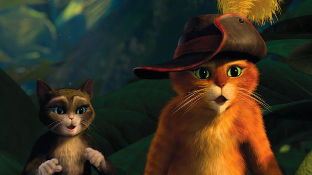 Puss (voiced by Antonio Banderas) is trying to clear his name in <i>Puss in Boots</i>.