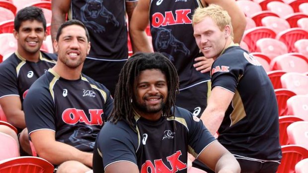 Peter Wallace (far right) with fellow new Panthers recruits (from right) Jamal Idris, Brent Kite and Tyrone Peachey.