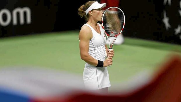 Big points blow out ... Samantha Stosur reacts during her loss to Lucie Safarova.