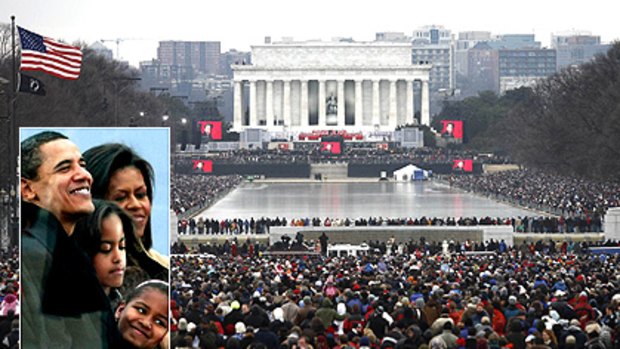 500,000 people attended the inauguration concert despite the freezing Washington conditions. Inset: Barack Obama and his family at the Lincoln Memorial inauguration concert.