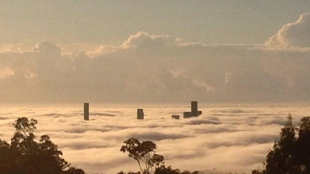 Fog blankets Brisbane, as seen from the Seven studios at Mt Coot-tha.