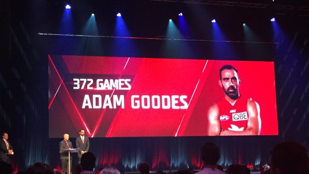 Club icon: Adam Goodes speaking to the Swans faithful on Friday night.