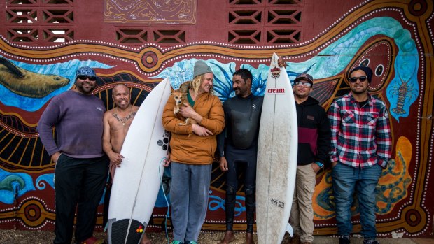 Robbie Page (in brown jacket) with other competitors at the Australian Indigenous Surfing Titles at Bells Beach.