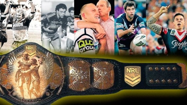Era-defining premiers: A jubilant Parramatta Eels halfback Peter Sterling in 1986; playmaker Cliff Lyons from the victorious 1987 Manly Sea Eagles side; Darren Lockyer and Wayne Bennett savour a Brisbane premiership in 2006; Cameron Smith was key to the Storm’s success; Sydney Roosters star Sonny Bill Williams rejoices in 2013.