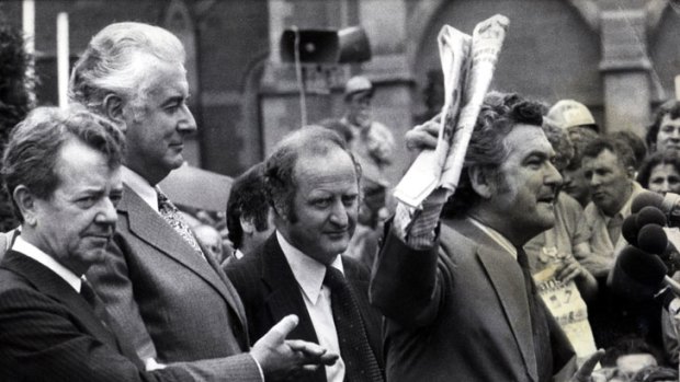 Clyde Holding ... with Gough Whitlam and Bob Hawke in 1975.