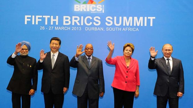 BRICS leaders: From left, Indian Prime Minister Manmohan Singh, Chinese President Xi Jinping , South African President Jacob Zuma, Brazil's President Dilma Rousseff, and Russian President Vladimir Putin.