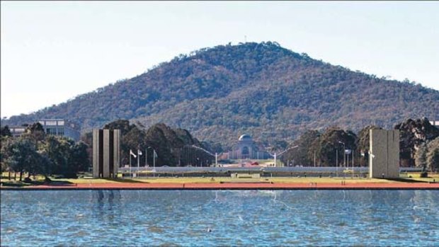 World wars monument ... an artist's impression of the proposed memorial at Lake Burley Griffin.