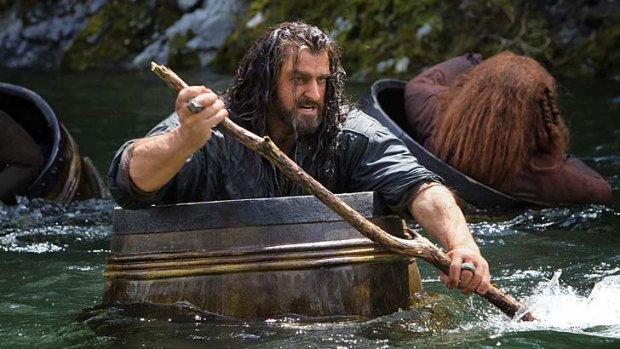 Thorin Oakenshield (Richard Armytage) barreling along in <i>The Hobbit: The Desolation of Smaug</i>.