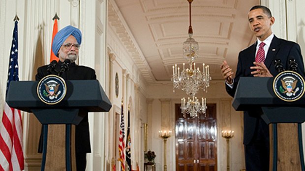 Red-carpet welcome ... US President Barack Obama holds a joint press conference with Indian Prime Minister Manmohan Singh in the White House.