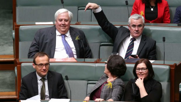 Clive Palmer and Andrew Wilkie ready for a division in the House of Representatives.