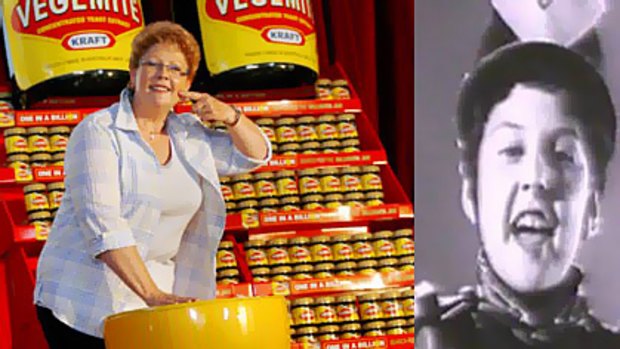 Trish Cavanagh yesterday, and (right) as a seven-year-old in 1959 starring in Vegemite's TV ad.