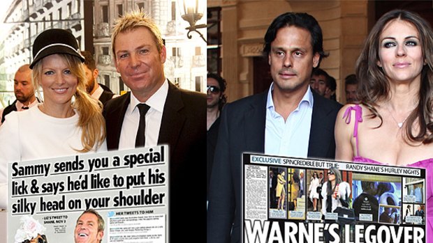 A field day for the tabloids ... left, Shane Warne and his former wife Simone Callahan, who were said to be reuniting after buying a $9million mansion in Melbourne, and the British actress Liz Hurley and her husband, Arun Nayar.