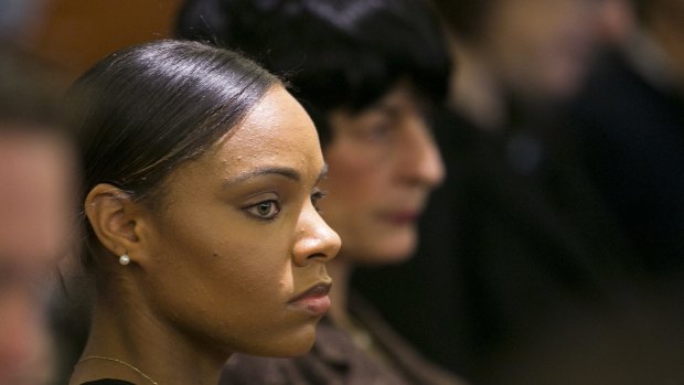 Shayanna Jenkins, fiancee of former New England Patriots football player Aaron Hernandez, listens during the murder trial for Hernandez.
