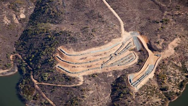 Aerial view of fish habitat at enlarged Cotter Dam - can you make out the smiley face (centre and to the right)?