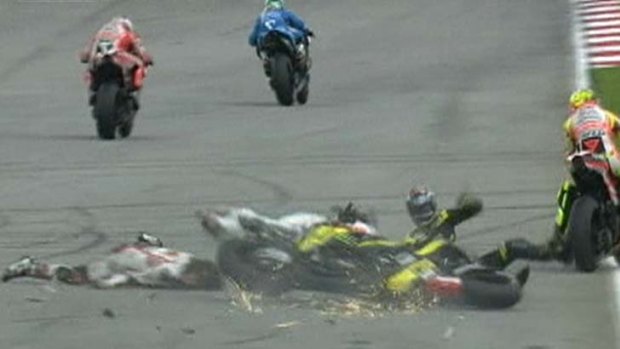 Chaos &#8230; TV footage of the crash that killed Marco Simoncelli.