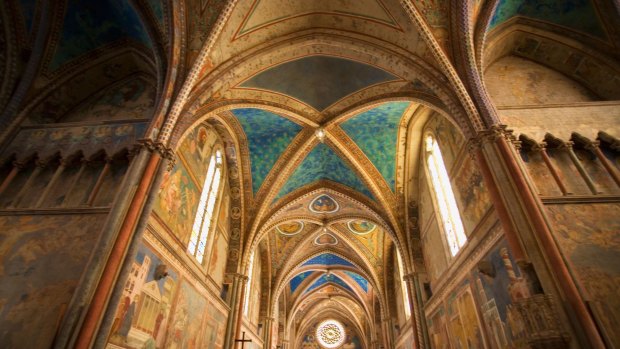 The interior of the Basilica of St Francis in Assisi.