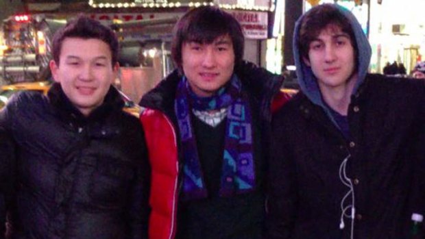 Arrested: Azamat Tazhayakov, left, and Dias Kadyrbayev, middle, with Boston Marathon bombing suspect Dzhokhar Tsarnaev.