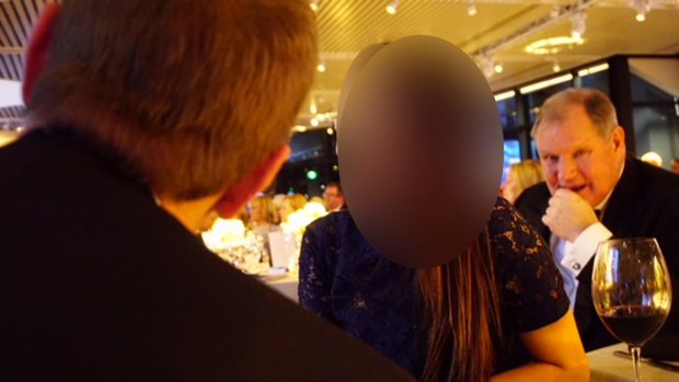 A picture of the woman seated next to the lord mayor at the Melbourne Health gala event. Her partner is in the foreground.