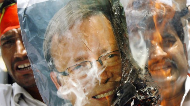 Boiling point: An effigy of Australian PM Kevin Rudd in burnt in protest at attacks on Indians in Victoria.