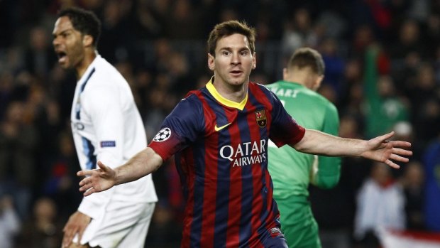 Barcelona's Argentinian forward Lionel Messi celebrates .