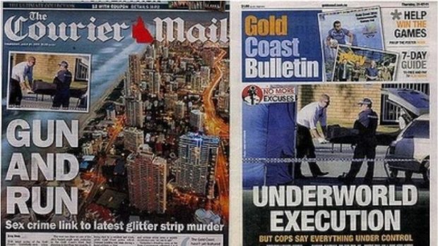 The Courier-Mail and Gold Coast Bulletin editions claiming shooting victim Colin Edgar Lutherborrow was involved in child prostitution and pornography.