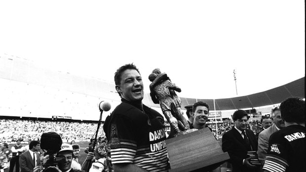 Panther pride: Mark Geyer and Greg Alexander after the 1991 grand final over Canberra. 