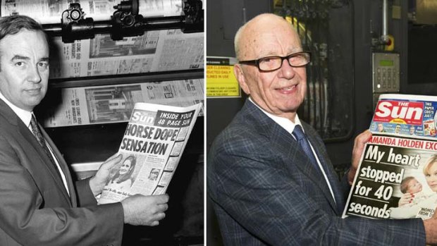 Rupert Murdoch's <i>The Sun</i> in 1969; and <i>The Sun on Sunday</i> yesterday.