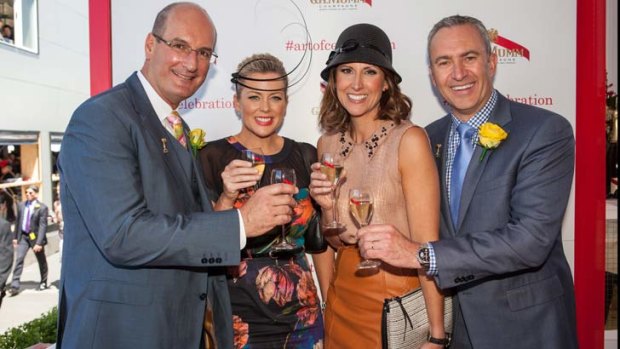 Mumm's the word ... David Koch, Samantha Armytage, Nat Barr and Mark Beretta at the G.H. Mumm marquee on Melbourne Cup Day.